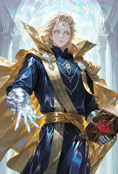 8k, beautiful masterpiece, looking out at the front, alone, pale skin, Perfect Eyes shape, Athletic Build, ((He wears: White Doctor Strange Robes, Eye of Agamotto Amulet, Golden Cape with Cowl, Mystic Gloves, Golden Sash)), (((background is vast magic libr...