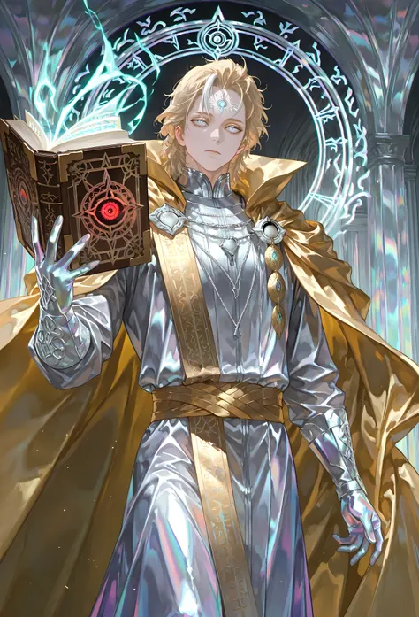 8k, beautiful masterpiece, looking out at the front, alone, pale skin, Perfect Eyes shape, Athletic Build, ((He wears: White Doctor Strange Robes, Eye of Agamotto Amulet, Golden Cape with Cowl, Mystic Gloves, Golden Sash)), (((background is vast magic libr...