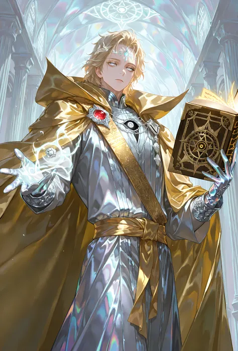 8k, beautiful masterpiece, looking out at the front, alone, pale skin, Perfect Eyes shape, Athletic Build, ((He wears: White Doctor Strange Robes, Eye of Agamotto Amulet, Golden Cape with Cowl, Mystic Gloves, Golden Sash)), (((background is vast magic libr...