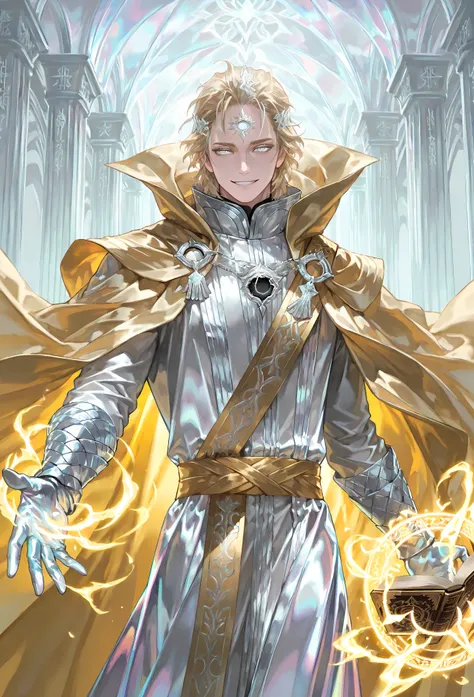 8k, beautiful masterpiece, looking out at the front, alone, pale skin, Perfect Eyes shape, Athletic Build, ((He wears: White Doctor Strange Robes, Eye of Agamotto Amulet, Golden Cape with Cowl, Mystic Gloves, Golden Sash)), (((background is vast magic libr...