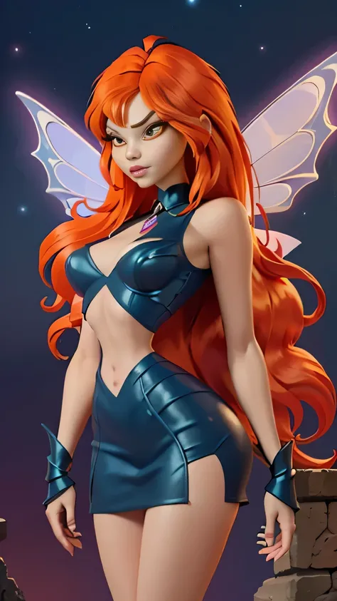 close up 1girl in, photo of Dark Bloom, Waifu, Anime style, Solo, (messy copper red hair, very long hair, thick red hair), (perfect clear skin, pale skin, detailed skin, large breasts, round breasts, perfect body, skinny, thin, thin hips, thin waist: 1.25)...