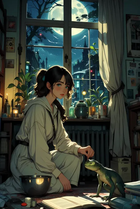 mid-shot, realistic style, a college girl in loose home clothes kneeling in her dimly lit apartment, secretly feeding a small chupacabra creature from a metal bowl, the creature is reptilian with glowing eyes and thin limbs, moonlight filtering through hal...