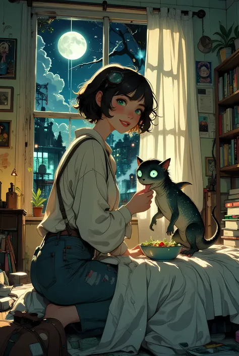 mid-shot, a college girl with short hair in casual loungewear secretly feeding a small, cute but eerie chupacabra in her apartment room, curtains half-drawn, faint moonlight shining through, the creature has glowing eyes and licks from a bowl, the girl smi...