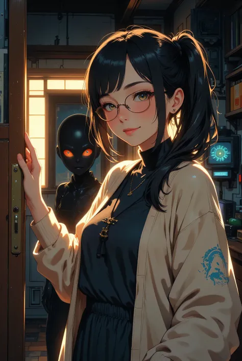 anime style, bust-up portrait of a girl with black hair in a side ponytail opening her apartment door with a soft smile, wearing a casual one-piece dress and light cardigan, warm ambient lighting from the hallway softly illuminating her face, behind her in...