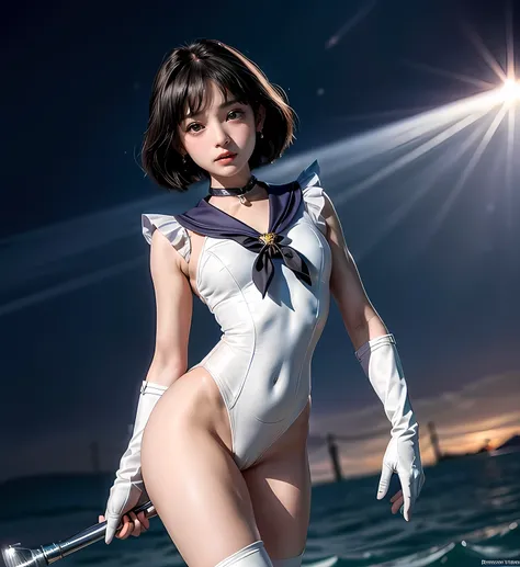 Sailor Saturn　 total limb　sailor warrior　white leotard　enamel white long gloves　Short Haired Bob Cut　 very small nose 　beautiful girl　Shame　Blush　 Jockey Boots 　you can see your crotch　sensitive clitoris　Knee-high boots　Beautiful legs　Bare legs　my whole bo...