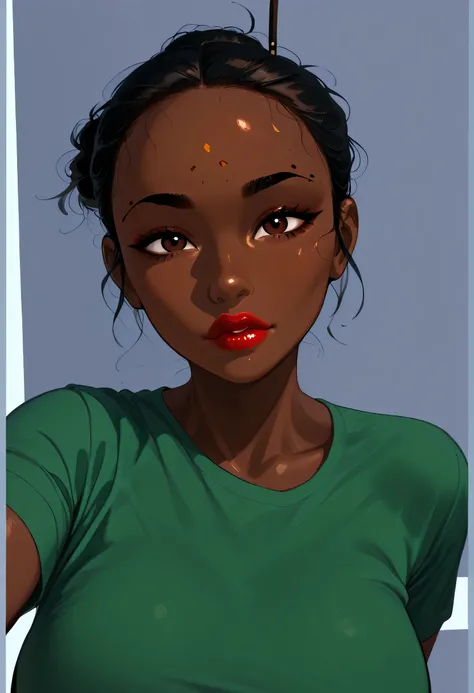 simple background, perfect face, hair bun, black hair, (forehead), black thin eyebrows, big glowing brown eyes, thick red lips, beautiful woman, shirt, green shirt, medium breasts, pov, ((female african, colored skin, brown skin))