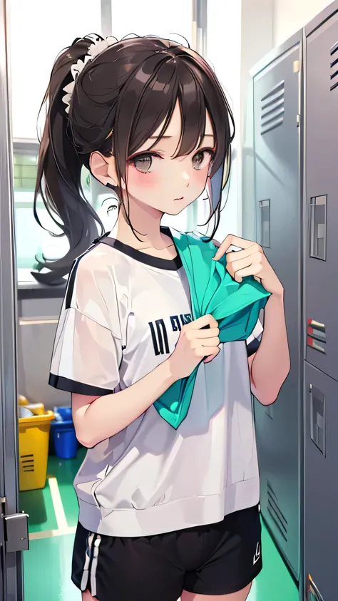 Very high quality、top quality、masterpiece、(((lift shirt, sulk、 Changing clothes、locker room、((I haven't noticed、don't look here、clear face that makes you cringe))、ponytail、dark haired、is so boyish、13 years old、gray eyes)))、cowboy shot、upper body、Black gym ...