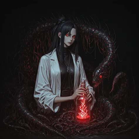 A twisted, pale-skinned scientist with sharp eyes and long black hair tied back. He wears a tattered lab coat covered in runes and parasites crawling over his arms. Holding a glowing parasite in a glass vial. Background: a dark lab with strange organic gro...