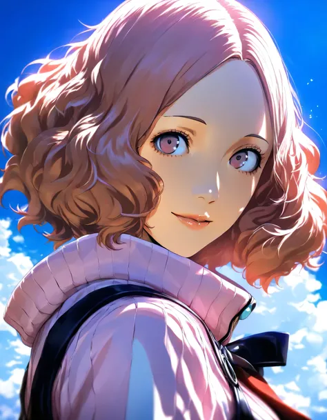 1girl, okumura haru, persona, year 2019, upper body, persona3 reload, blue sky, masterpiece, high score, great score, absurdres, 16k, Ultra detailed, (photorealistic : 0.5)