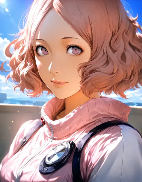 1girl, okumura haru, persona, year 2019, upper body, persona3 reload, blue sky, masterpiece, high score, great score, absurdres, 16k, Ultra detailed, (photorealistic : 0.5)