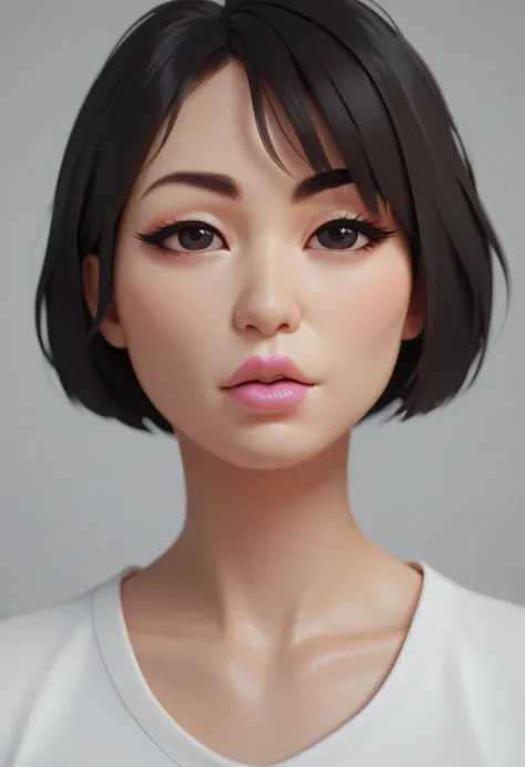 Perfect Face, (Female Asian, Face Asian), Black Hair, Short Bob Hair, Black Normal Eyebrows, Black Eyes, Black Eyelashes, Nose, Pink Lips, Beautiful Asian, Collarbone, T-Shirt, White T-Shirt, Grey Background