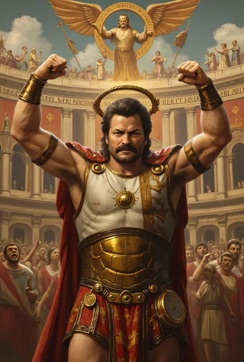 Nick Offerman as a legendary wrestling champion, digital reconstruction, ancient Roman fresco, marble armor, gold accents, holding a laurel wreath, flexing inside a colosseum, classical fresco techniques with visible cracks, faded pigments, realistic anato...
