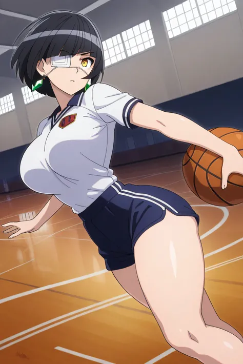 masterpiece, NSFW, Omoharu Nakanaka  , perfect body, 20 years, perfect face, black hair, bangs, short hair、 yellow eyes, eyepatch, eyepatch in left eye, large breasts, sensual look, medium waist, narrow waist, thick thighs, thighs, dynamic pose, Emerald Ea...
