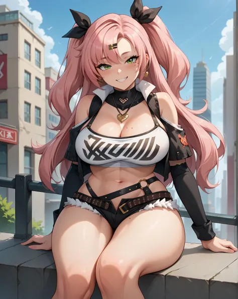 score_9, score_8_up,  NicoleNSFW, green eyes, pink hair, long hair, two side up, Big breasts, mole under eye, navel, hairclip, city, thick legs, sexy legs, wide hips, black shorts, micro short, smile, horny face, seductive face, blushing, black thong