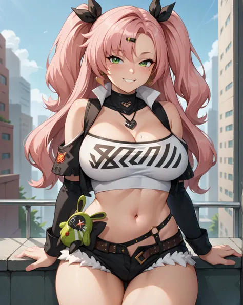 score_9, score_8_up,  NicoleNSFW, green eyes, pink hair, long hair, two side up, Big breasts, mole under eye, navel, hairclip, city, thick legs, sexy legs, wide hips, black shorts, micro short, smile, horny face, seductive face, blushing, black thong
