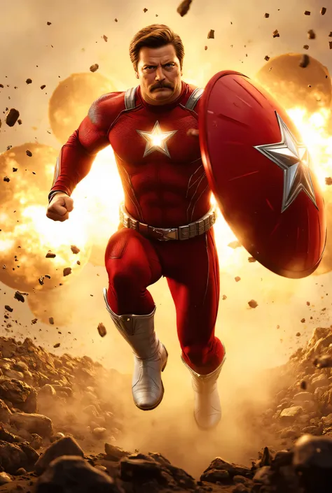Nick Offerman as Red Guardian, dynamic, hyper-realistic, superhero scene, muscular man, red spandex suit, silver star emblems on chest and shield, retro-futuristic Soviet patriotic designs, leaping forward through an explosive battlefield, holding a large ...