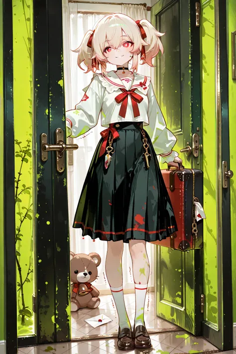 top quality、masterpiece、detailed background、One room in an apartment at night。部屋のdoor chainがかけられているにも関わらず、Through the slightly open gap、The neighbor girl is peeking out。His expression is cheerful, but、His eyes are slightly wide open、I'm not laughing。A smal...