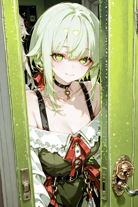top quality、masterpiece、detailed background、One room in an apartment at night。部屋のdoor chainがかけられているにも関わらず、Through the slightly open gap、My neighbor's Yandere style girl is peeking out her face。His expression is cheerful, but、His eyes are slightly wide open...