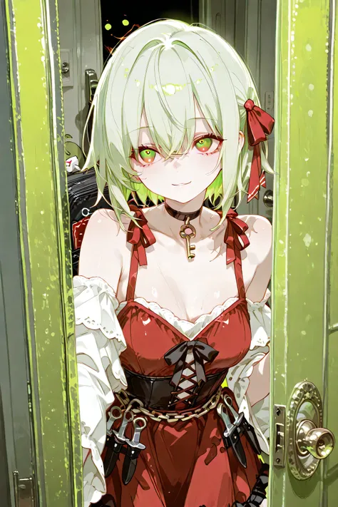top quality、masterpiece、detailed background、One room in an apartment at night。部屋のdoor chainがかけられているにも関わらず、Through the slightly open gap、My neighbor's Yandere style girl is peeking out her face。His expression is cheerful, but、His eyes are slightly wide open...