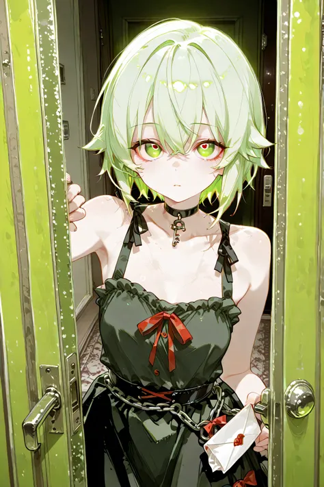 top quality、masterpiece、detailed background、One room in an apartment at night。部屋のdoor chainがかけられているにも関わらず、Through the slightly open gap、My neighbor's Yandere style girl is peeking out her face。His expression is cheerful, but、His eyes are slightly wide open...