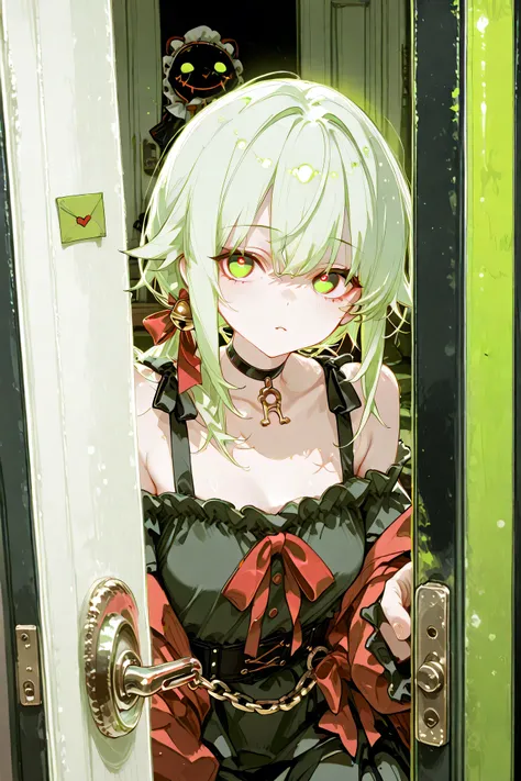 top quality、masterpiece、detailed background、One room in an apartment at night。部屋のdoor chainがかけられているにも関わらず、Through the slightly open gap、My neighbor's Yandere style girl is peeking out her face。His expression is cheerful, but、His eyes are slightly wide open...