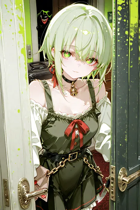 top quality、masterpiece、detailed background、One room in an apartment at night。部屋のdoor chainがかけられているにも関わらず、Through the slightly open gap、My neighbor's Yandere style girl is peeking out her face。His expression is cheerful, but、His eyes are slightly wide open...