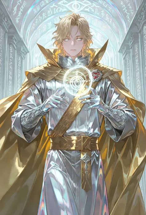 8k, beautiful masterpiece, looking out at the front, alone, pale skin, Perfect Eyes shape, Athletic Build, ((He wears: White Doctor Strange Robes, Eye of Agamotto Amulet, Golden Cape with Cowl, Mystic Gloves, Golden Sash)), (((background is vast magic libr...