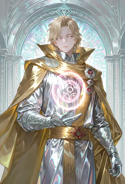 8k, beautiful masterpiece, looking out at the front, alone, pale skin, Perfect Eyes shape, Athletic Build, ((He wears: White Doctor Strange Robes, Eye of Agamotto Amulet, Golden Cape with Cowl, Mystic Gloves, Golden Sash)), (((background is vast magic libr...