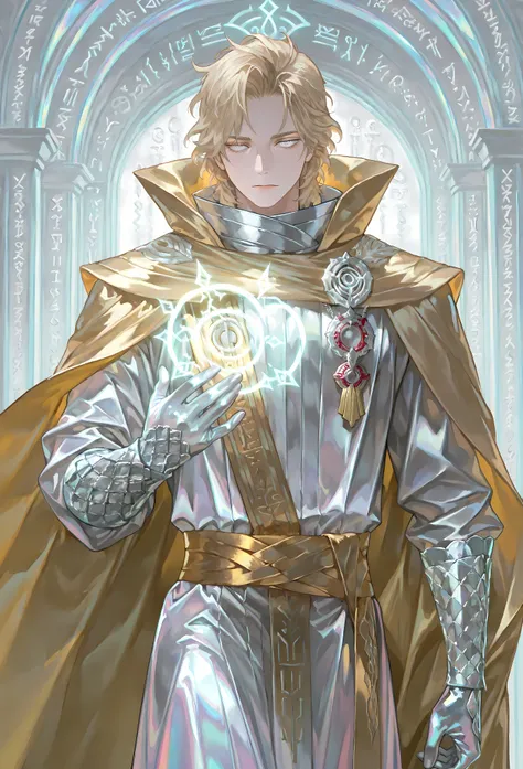 8k, beautiful masterpiece, looking out at the front, alone, pale skin, Perfect Eyes shape, Athletic Build, ((He wears: White Doctor Strange Robes, Eye of Agamotto Amulet, Golden Cape with Cowl, Mystic Gloves, Golden Sash)), (((background is vast magic libr...