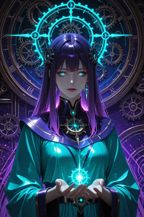 A mysterious anime woman with long dark purple hair, glowing teal eyes, and a futuristic robe. Clock gears float behind her head like a halo, and her hands weave glowing threads. Background: a cosmic void with timelines shattering. Realistic anime style, e...