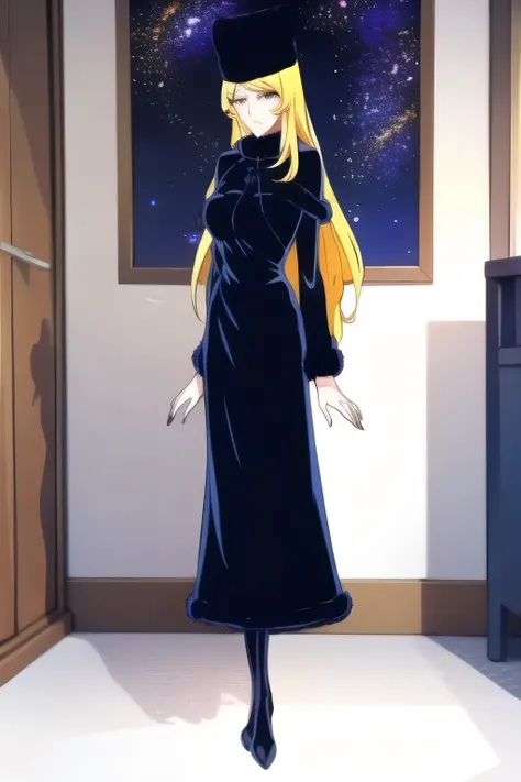 woman with long yellow hair,her neck is also covered by a costume,standing in the teacher's house,wearing a long black fur coat,wearing a black fur hat,she is wearing black boots,Please draw a more delicate expression,beautiful woman,,Woman with long yello...