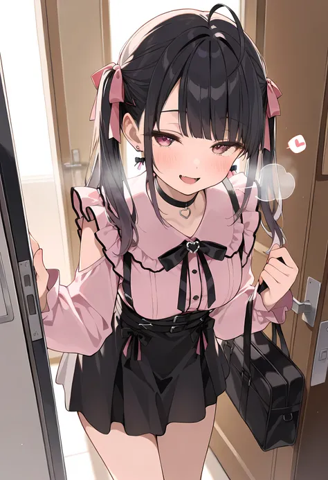 score_9, score_8_superior, score_7_superior, masterpiece, best quality, absurdres, high_fidelity, vibrant, sauce_anime, (rating_explicit:1.0), super detailed, Adorable, 1girl, jirai kei, , black hair, bow, blunt bangs, twintails, pink ribbon, bag, pink shi...