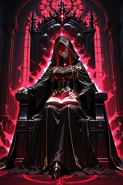 "Anime-style dark strategist with crimson glowing eyes, wearing a black and gold royal cloak. Holds a dark magical book in one hand. Confident smirk, red energy aura, sitting on a dark throne, gothic background, 4K."