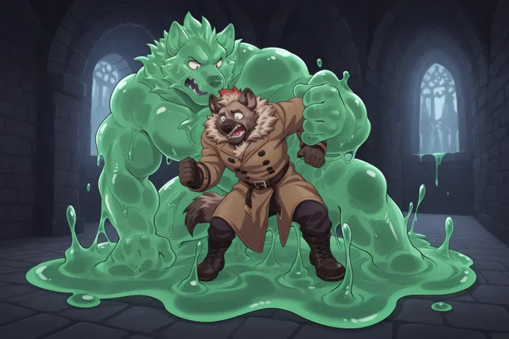 furry, hyena:1.3, coat, fight with massive green slime-like golem, fight with translucent green gel-like substance, slime's fluidity, in castle, afternoon, nervous, frightened and scared, panic, dynamic pose