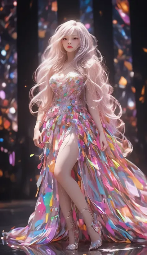 (Masterpiece), (Best quality), Extremely detailed, illustration, ((1 woman)), (colorful crystals:1.5),(Wear crystal shoes:1.5),(colorfulhair:1.2),(Colorful dresses),High chiaroscuro,(full bodyesbian:1.5)