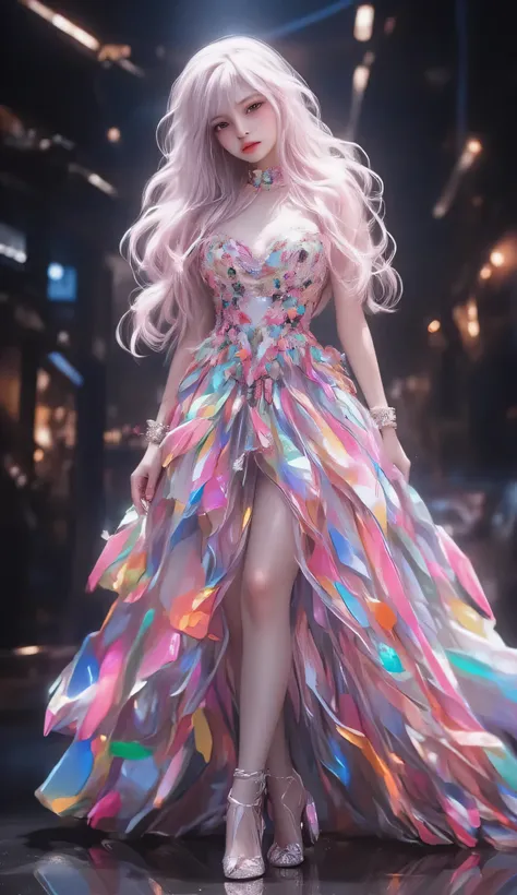 (Masterpiece), (Best quality), Extremely detailed, illustration, ((1 woman)), (colorful crystals:1.5),(Wear crystal shoes:1.5),(colorfulhair:1.2),(Colorful dresses),High chiaroscuro,(full bodyesbian:1.5)