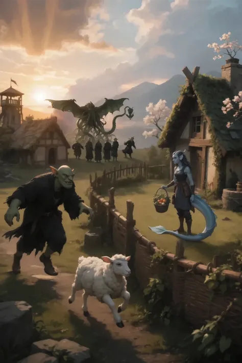 Two small areas with different houses side by side by a fence adjacent to each other and separated by a small wicker wooden fence running diagonally unevenly.
In one area that takes up most of the frame, in the foreground, a frightened lamb jumps in a dyna...