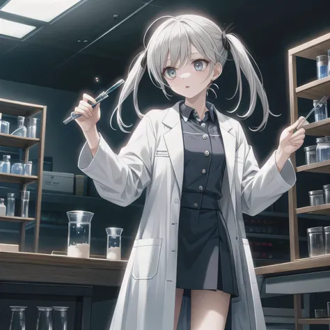 Depict a 20-year-old, stunningly beautiful woman conducting an experiment in a well-equipped science lab. She wears a pristine white lab coat over professional attire, her expression focused as she carefully handles scientific instruments. Whether her hair...
