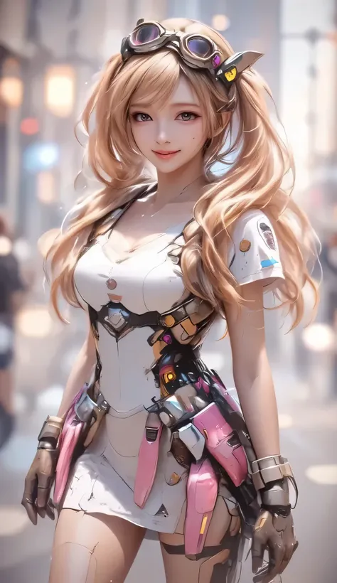 ((masterpiece,best quality)), absurdres, Layla_ML, solo, 1girl, twintails, blonde, blonde hair, long hair, very long hair, red eyes, goggles, goggles on head, gloves, thighhighs, skirt, short sleeves, fingerless gloves, puffy sleeves, brown gloves, puffy s...
