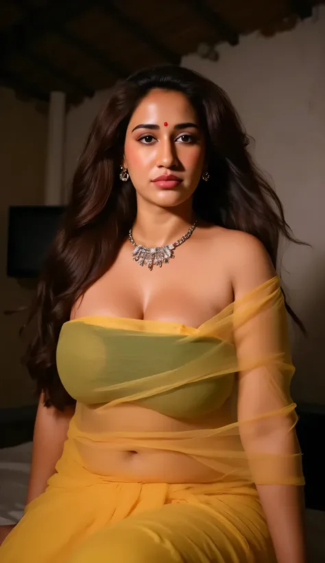 photo of Voluptuous Mature plus size Indian Bengali Aunty with dusky skin, wearing Transparent chiffon yellow saree and green strapless sleevless Blouse, showing her large U cut Cleavage, Red Sindoor on her forehead, Hair messed up, nice curves, sitting on...