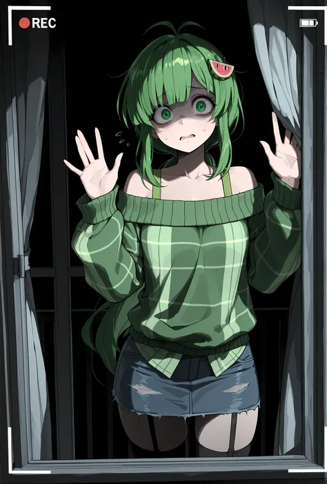 (masterpiece:1.2, Best Quality), (finely detailed beautiful eye: 1.2), (beautiful detailed face), camera frame with “rec” in top left, dark, creepy. character: Vannamelon, standing, back to viewer, she is looking out her window, she looks worried and afrai...