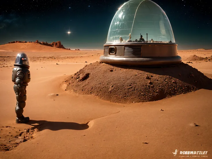 8k, (Robby3), (full body, cone shaped glass dome head, glowing vacuum tubes inside head, rounded cylinder-shaped chest, Michelin man legs), (red desert planet, glowing horizon, flying saucer, Martian landscape),