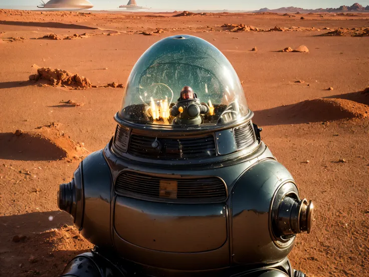 8k, (Robby3), (full body, cone shaped glass dome head, glowing vacuum tubes inside head, rounded cylinder-shaped chest, Michelin man legs), (red desert planet, glowing horizon, flying saucer, Martian landscape),