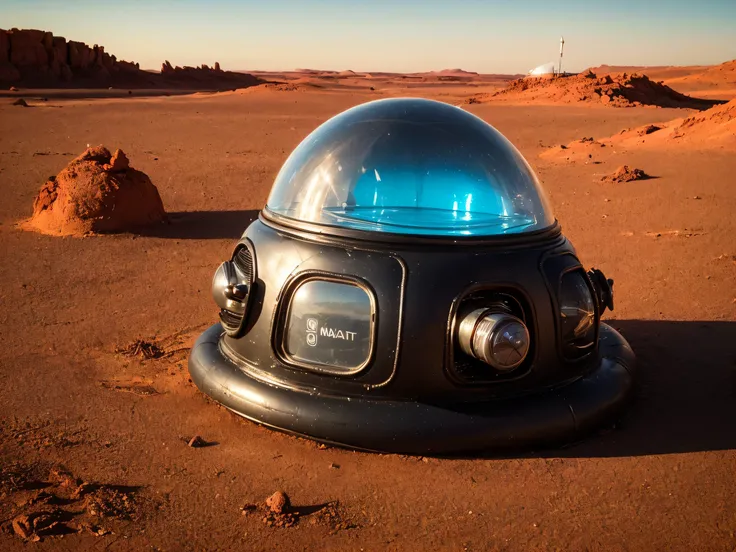 8k, (Robby3), (full body, cone shaped glass dome head, glowing vacuum tubes inside head, rounded cylinder-shaped chest, Michelin man legs), (red desert planet, glowing horizon, flying saucer, Martian landscape),