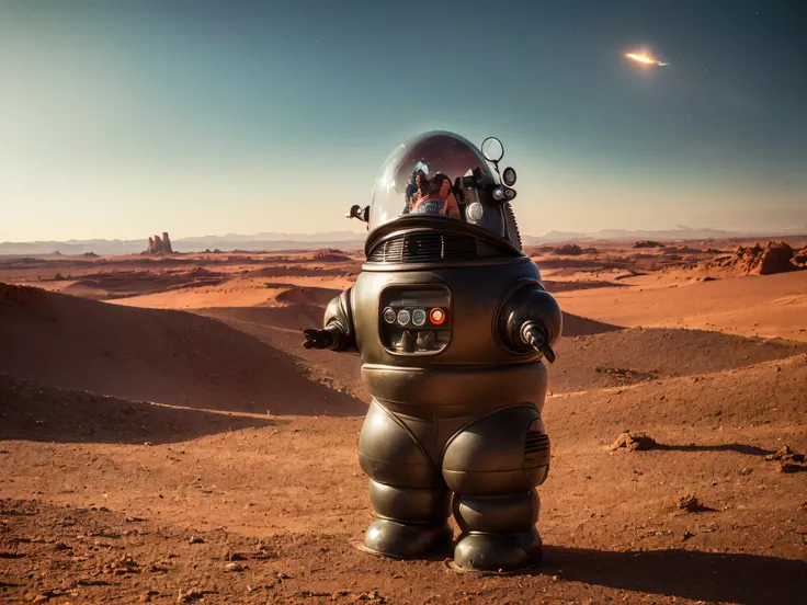 8k, (Robby3), (full body, cone shaped glass dome head, glowing vacuum tubes inside head, rounded cylinder-shaped chest, Michelin man legs), (red desert planet, glowing horizon, flying saucer, Martian landscape),
