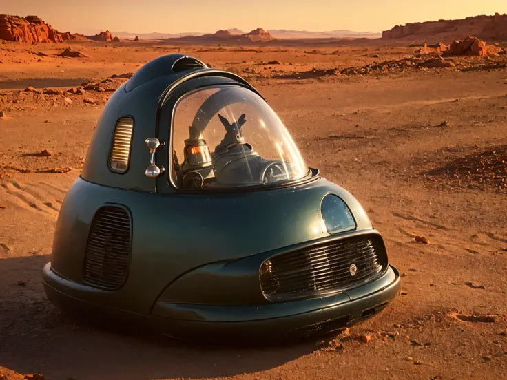 8k, (Robby3), (full body, cone shaped glass dome head, glowing vacuum tubes inside head, rounded cylinder-shaped chest, Michelin man legs), (red desert planet, glowing horizon, flying saucer, Martian landscape),