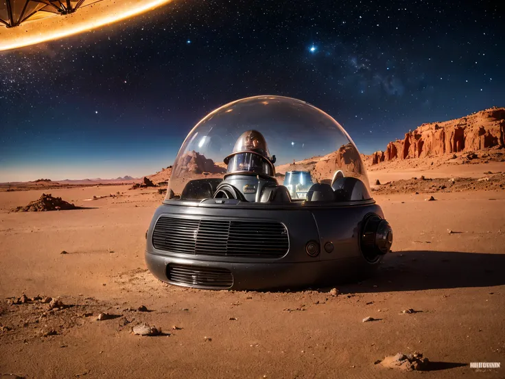 8k, (Robby3), (full body, cone shaped glass dome head, glowing vacuum tubes inside head, rounded cylinder-shaped chest, Michelin man legs), (red desert planet, glowing horizon, flying saucer, Martian landscape),