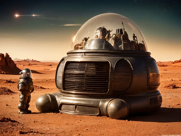 8k, (Robby3), (full body, cone shaped glass dome head, glowing vacuum tubes inside head, rounded cylinder-shaped chest, Michelin man legs), (red desert planet, glowing horizon, flying saucer, Martian landscape),