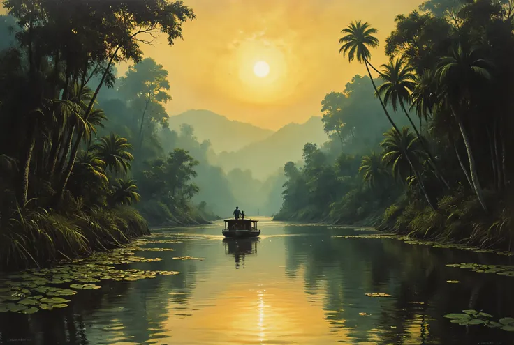 vintage pulp art, antqgldnCE style, pulp art style, riverboat on river, wide river with both banks covered in dark jungle, eerie atmosphere, highly detailed art style