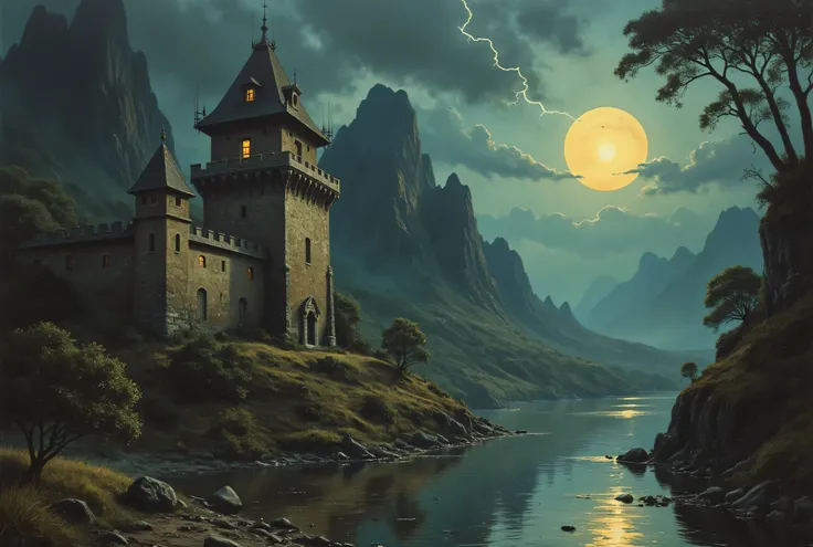 vintage pulp art, antqgldnCE style, pulp art style, ancient African fortress, high in the misty junglemountains, overlooking Lakes, Sentry towers, spiked fortifications, lightning rods, nighttime, highly detailed art style